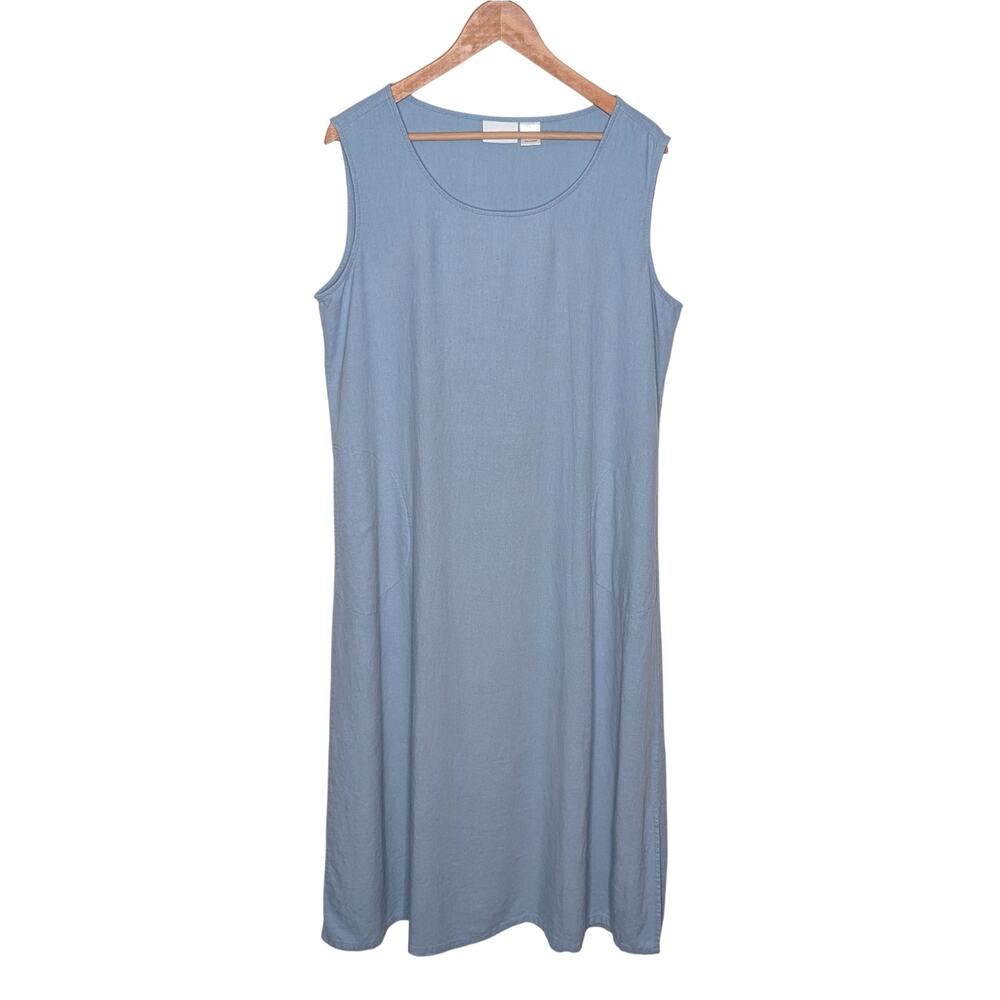 The Vermont Country Store Sleeveless Popover Dress L Linen Blend Relaxed Blue